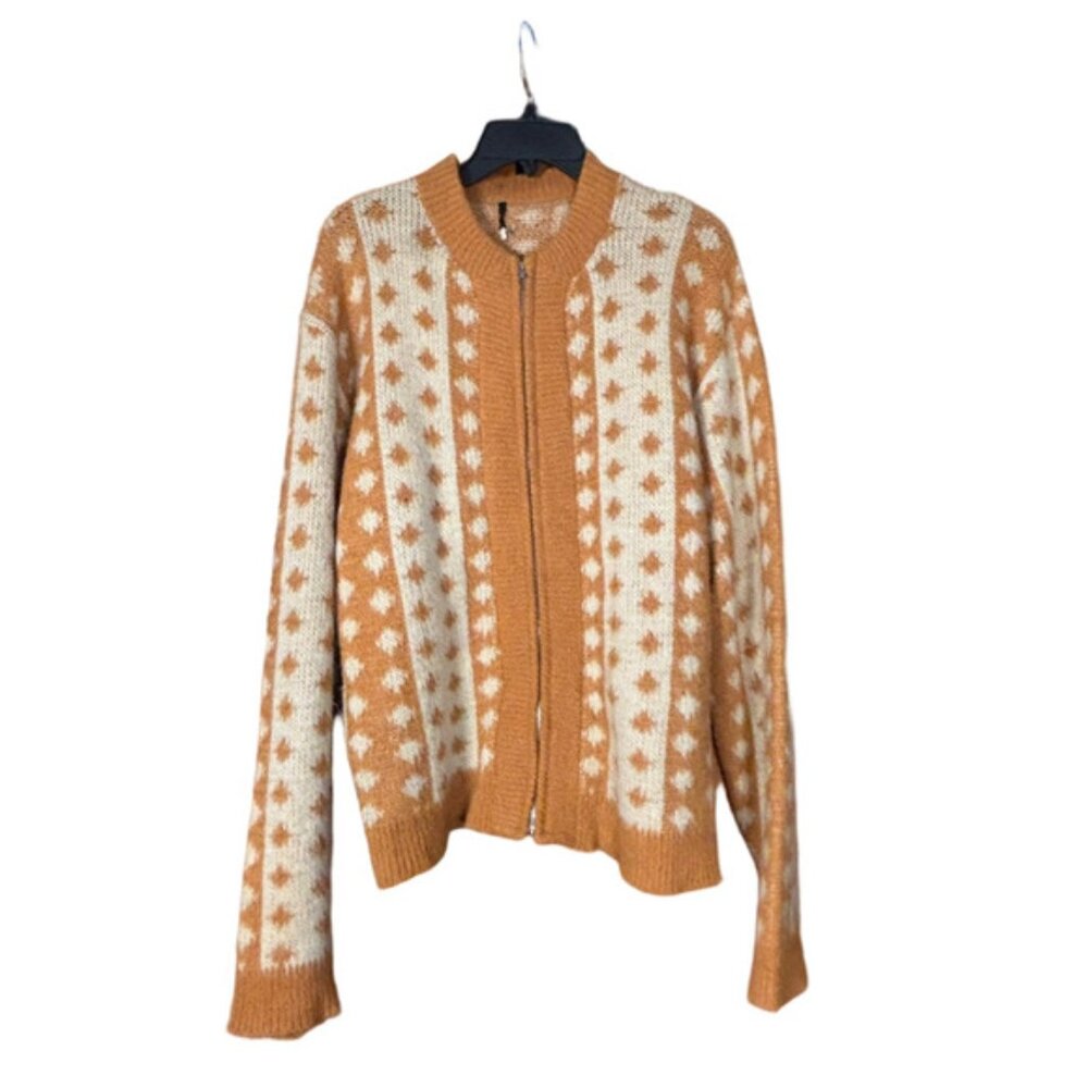 Vintage 70s Wool Knit Cardigan Zip Sweater Nordic Geometric Tan Cream XL